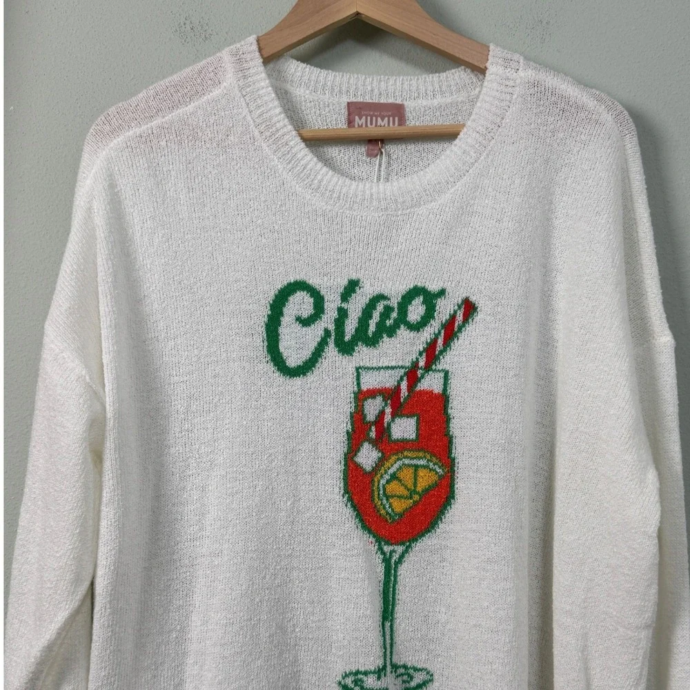 Show Me Your Mumu Woodsy Sweater Ciao Cocktail Graphic Knit White Medium NWT